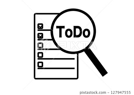 Black and white icon illustration of a ToDo list and a magnifying glass 127947555