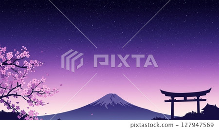 富士山、盛開的櫻花、鳥居以及柔和的紫色漸層夜空 127947569