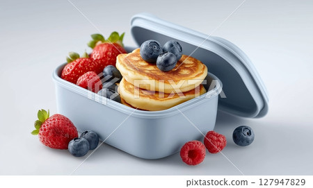 Delicious pancakes with fresh berries in a stylish lunch container 127947829