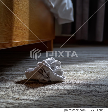 Crumpled white sock near bed edge on soft carpet in natural light Crumpled white sock near bed edge on soft carpet in natural light 127947846