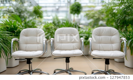 Stylish white office chairs arranged in a serene indoor garden setting 127947853