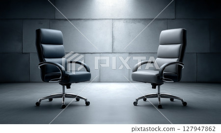 Modern office chairs positioned for a meeting in a sleek, minimalist setting Modern office chairs positioned for a meeting in a sleek, minimalist setting 127947862