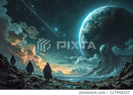 Man and the Universe. Alone with the whole world. A futuristic landscape of the planet and the universe surrounding it. Man and the Universe. Alone with the whole world. A futuristic landscape of the planet and the universe surrounding it. 127948207