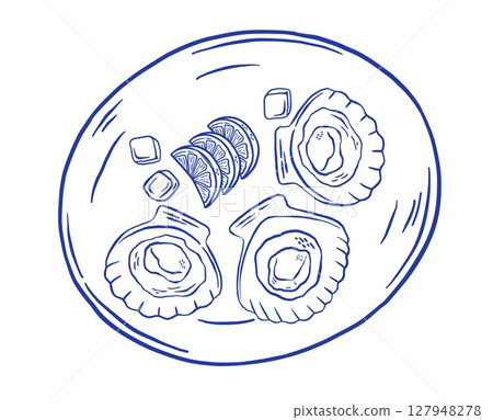 Hand draw scallop, oysters on the plate with lemon vector illustration. Mediterranean seafood doodle icon. La dolce vita. Asian food market 127948278