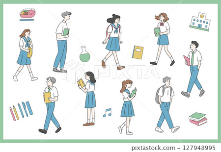 Set of full-body student illustrations in summer clothes 127948995
