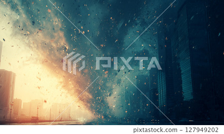 A devastating tornado strikes a modern city 127949202