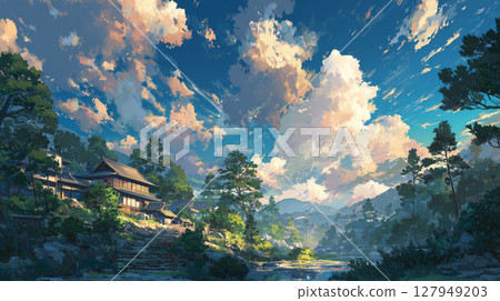 A magnificent sky and the good old Japanese countryside scenery 127949203