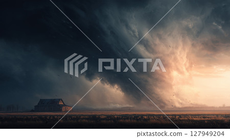 A devastating tornado hits the countryside 127949204
