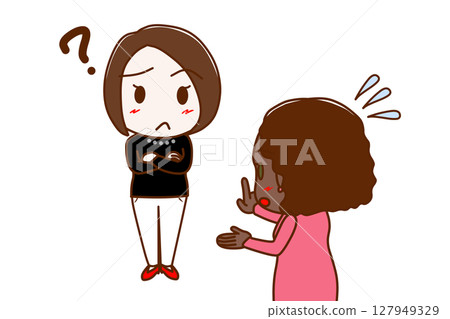 (Multiple) A confused woman and an African-American woman trying desperately to explain 127949329