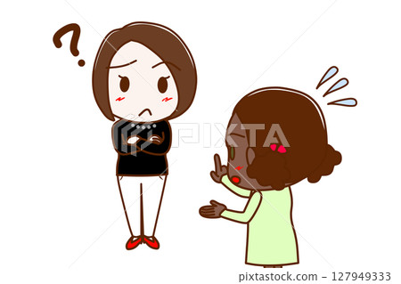 (Multiple) A confused woman and an African-American girl trying desperately to explain 127949333