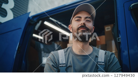 Portrait of Multiethnic Workers Standing near Delivery Truck, Looking at Camera Portrait of Multiethnic Workers Standing near Delivery Truck, Looking at Camera 127949430
