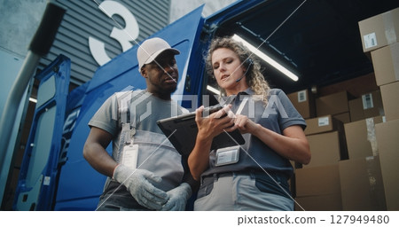 Female Inventory Manager and Employee Talking, Using Digital Tablet, Standing near Delivery Truck Female Inventory Manager and Employee Talking, Using Digital Tablet, Standing near Delivery Truck 127949480