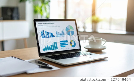 Laptop and graphs on a desk 127949494