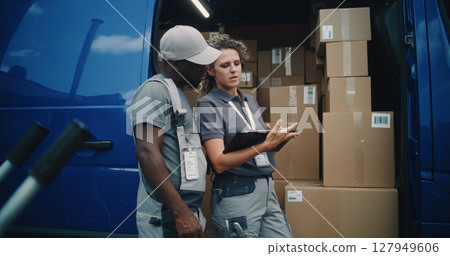 Employee and Female Inventory Manager Talking, Using Digital Tablet, Standing near Delivery Truck Employee and Female Inventory Manager Talking, Using Digital Tablet, Standing near Delivery Truck 127949606