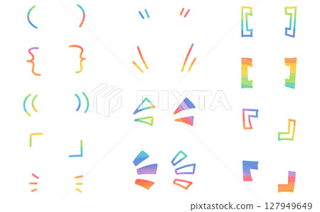 A set of cute rainbow-colored hand-drawn brackets, enclosures, and emphasis lines 127949649