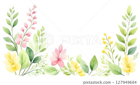 黃綠色與櫻花葉框架 | 春色水彩模板 127949684