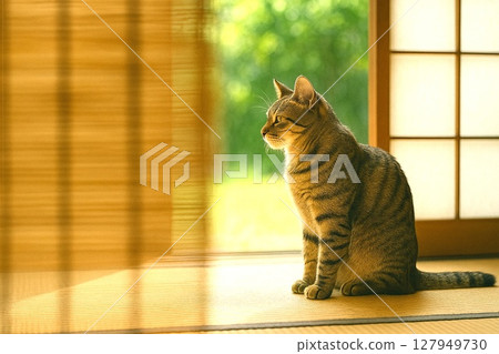 貓咪的日常生活：貓咪們在陽台上度過夏天，乘涼 127949730