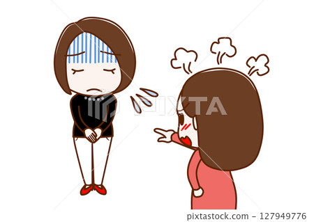 (Multiple) A woman apologizing with her face completely pale and a woman yelling at each other in anger 127949776