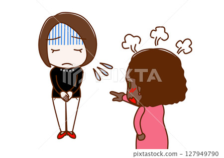 （多人）一名女子臉色蒼白地道歉，另一名非裔美國女子怒不可遏，對他們大喊大叫 127949790