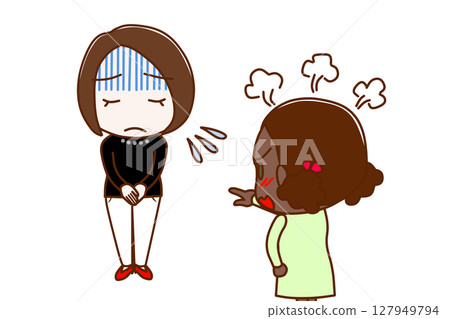 (Multiple) A woman who turns pale as she apologizes and an African-American girl who is furious and yells at her (Multiple) A woman who turns pale as she apologizes and an African-American girl who is furious and yells at her 127949794