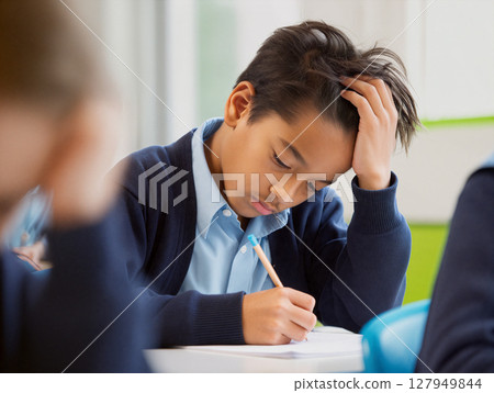 Student Focuses on Exam Questions in Classroom Environment During School Hours 127949844