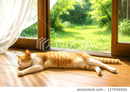Cats' daily lives: Cats surviving the summer, cooling off on the veranda 127949888