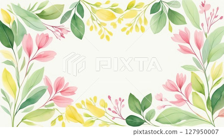 花朵和嫩葉的植物框架|可愛的水彩裝飾材料 127950007
