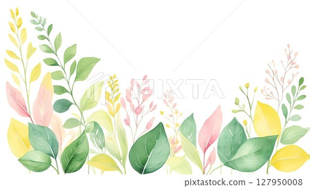 充滿活力的嫩葉和花朵的裝飾框架 | 帶有柔和色彩的水彩框架 127950008