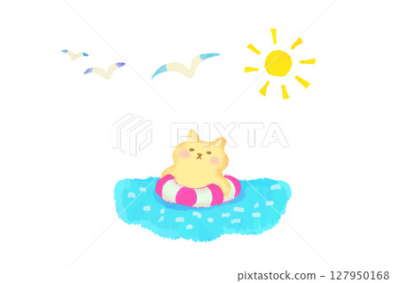 夏天漂浮在海面上的可愛貓咪水彩畫 127950168