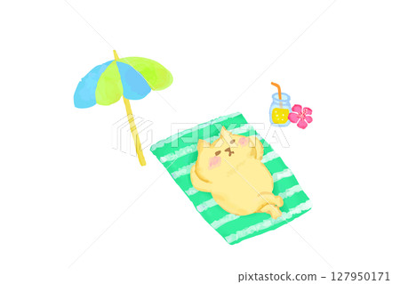 夏季在沙灘上放鬆的可愛貓咪水彩畫 127950171