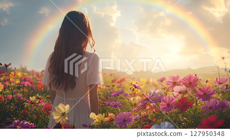Back view of a Caucasian woman looking at the rainbow bridge in the sky in a fantastical flower field 127950348