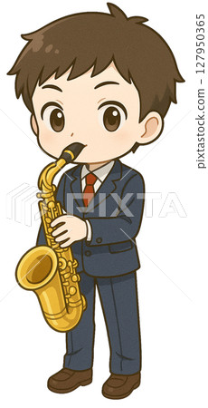 一個穿制服的男孩吹薩克斯風 一個穿制服的男孩吹薩克斯風 127950365