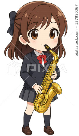 一個穿著制服的女孩吹著薩克斯風 127950367