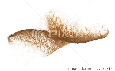 Abstract cloud fly. Yellow colored sand splash throwing curve circle in Air. Golden grain wave explode. Fine Sand flying explosion, White background Isolated throwing particle element object 127950518