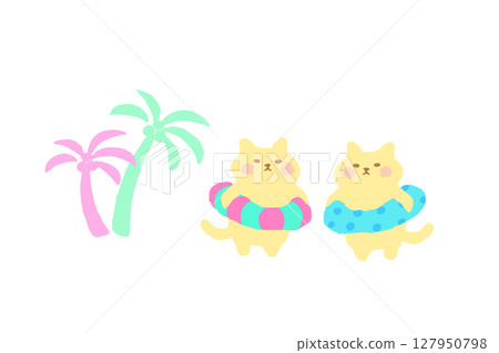 Summer, palm trees, swim rings and cute cat hand-drawn illustration material 127950798
