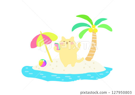 A cute hand-drawn illustration of a cat enjoying a selfie on a southern island 127950803