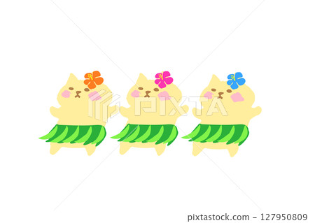 Hand-drawn illustration of a cute cat enjoying summer hula dancing 127950809
