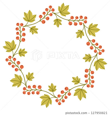 Autumn berry circle frame. Round border made of fall berries. The berries have different shapes and are arranged in a circle. Vector flat isolated on white background. 127950821