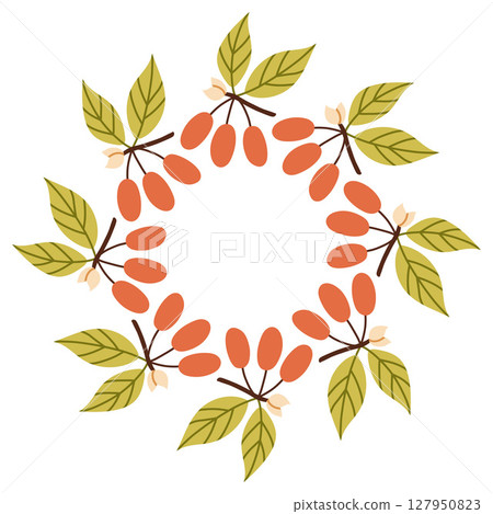 Autumn berry circle frame. Round border made of fall berries. The berries have different shapes and are arranged in a circle. Vector flat isolated on white background. Autumn berry circle frame. Round border made of fall berries. The berries have different shapes and are arranged in a circle. Vector flat isolated on white background. 127950823