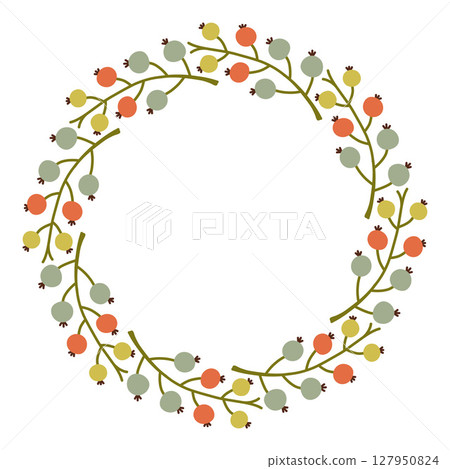 Autumn berry circle frame. Round border made of fall berries. The berries have different shapes and are arranged in a circle. Vector flat isolated on white background. Autumn berry circle frame. Round border made of fall berries. The berries have different shapes and are arranged in a circle. Vector flat isolated on white background. 127950824