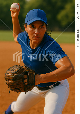 女棒球選手的特別投球瞬間,賽場上的專業表現,熱血沸騰的競技氛圍,女性力量的展現 女棒球選手的特別投球瞬間,賽場上的專業表現,熱血沸騰的競技氛圍,女性力量的展現 127950956