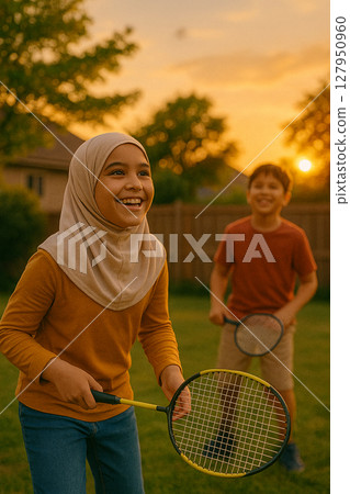 黃昏時分,羽毛與孩子們玩耍的快樂,友誼和童年夏日的回憶,以及歡樂和笑聲的表情。 黃昏時分,羽毛與孩子們玩耍的快樂,友誼和童年夏日的回憶,以及歡樂和笑聲的表情。 127950960