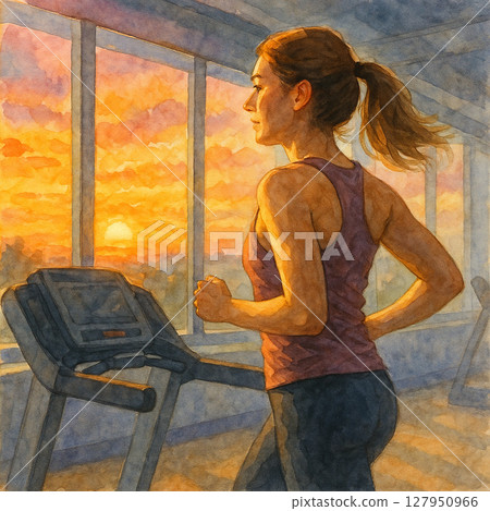 Watercolor style women's walking machine, morning training, fitness room, morning sun, exercise and life aesthetics combination 127950966