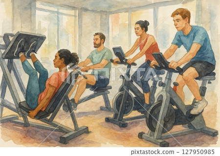 水彩風格健康室多人遊樂場場景，飛環訓練，大腿推力練習，健康生活方式動態畫面 127950985