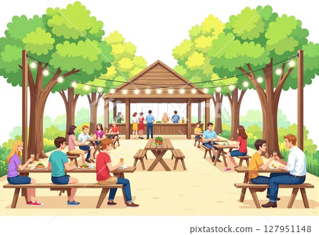 夏日午後的啤酒花園，陽光透過樹梢 127951148