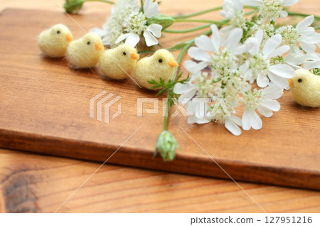 Pure white lace flowers and felt chicks 127951216