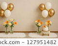 白色房間裡裝飾著慶祝鮮花和氣球 127951482