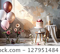 房間裡裝飾著慶祝鮮花和氣球 127951484