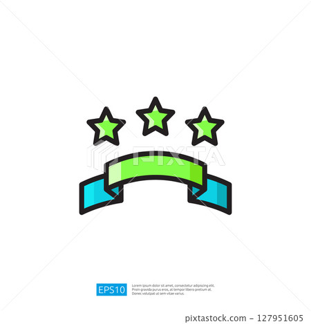 Colorful icon featuring three stars above a vibrant green and blue ribbon representing achievement and recognition in a modern and simplistic graphic design style. 127951605