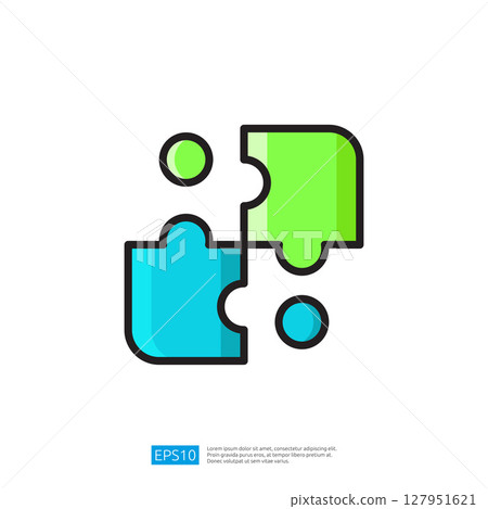 Colorful puzzle pieces in blue and green interlocking shapes representing creative problem solving and interactive gameplay for cognitive development and teamwork skills 127951621